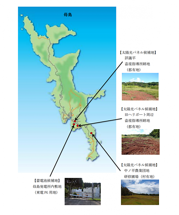 図　母島内の発電設備や蓄電池などの設置候補地