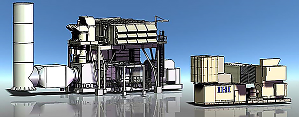 図　IHIが発売したガスタービン発電パッケージ「Fast Power 40」のイメージ（右）。従来製品（左）に比べて重量と外形寸法を約50％削減した