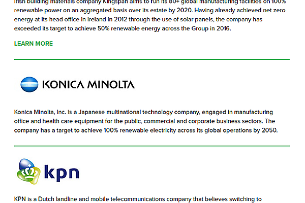 図　RE100のWebサイトを見ると、コニカミノルタの社名と目標を確認できる