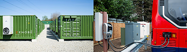 図　Zenobe Energyが運営している大規模蓄電施設（左）と、電気バス向け急速充電器（右）